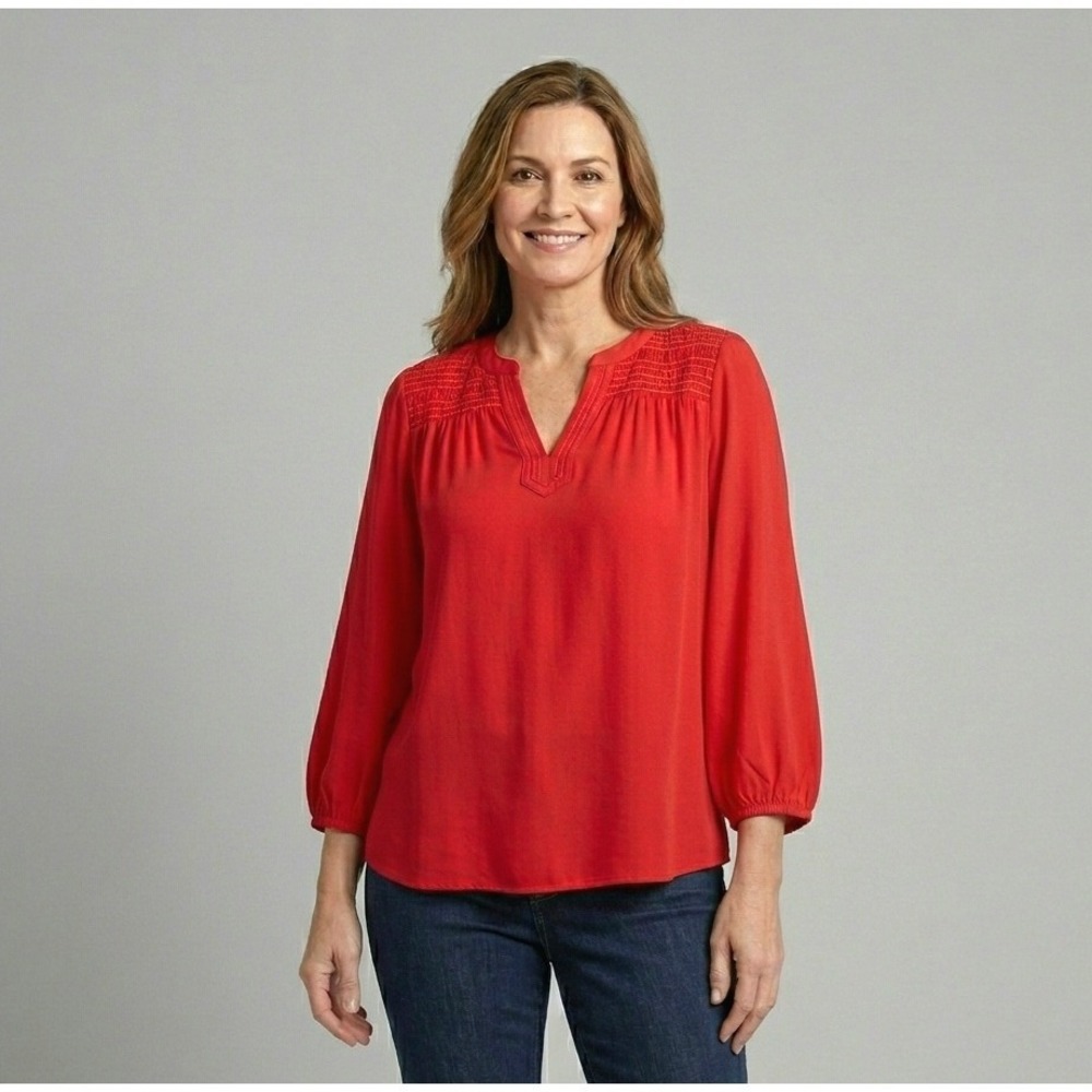 Chico's Blouse Womens 1.5 Medium Red Split Neck Balloon Sleeve Stitched Shoulder